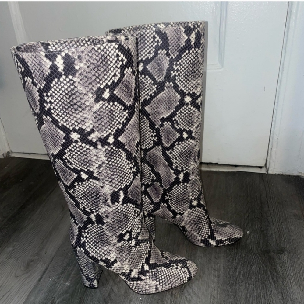 J. Crew Snake Print Knee-High Heeled Boots in Black and Gray